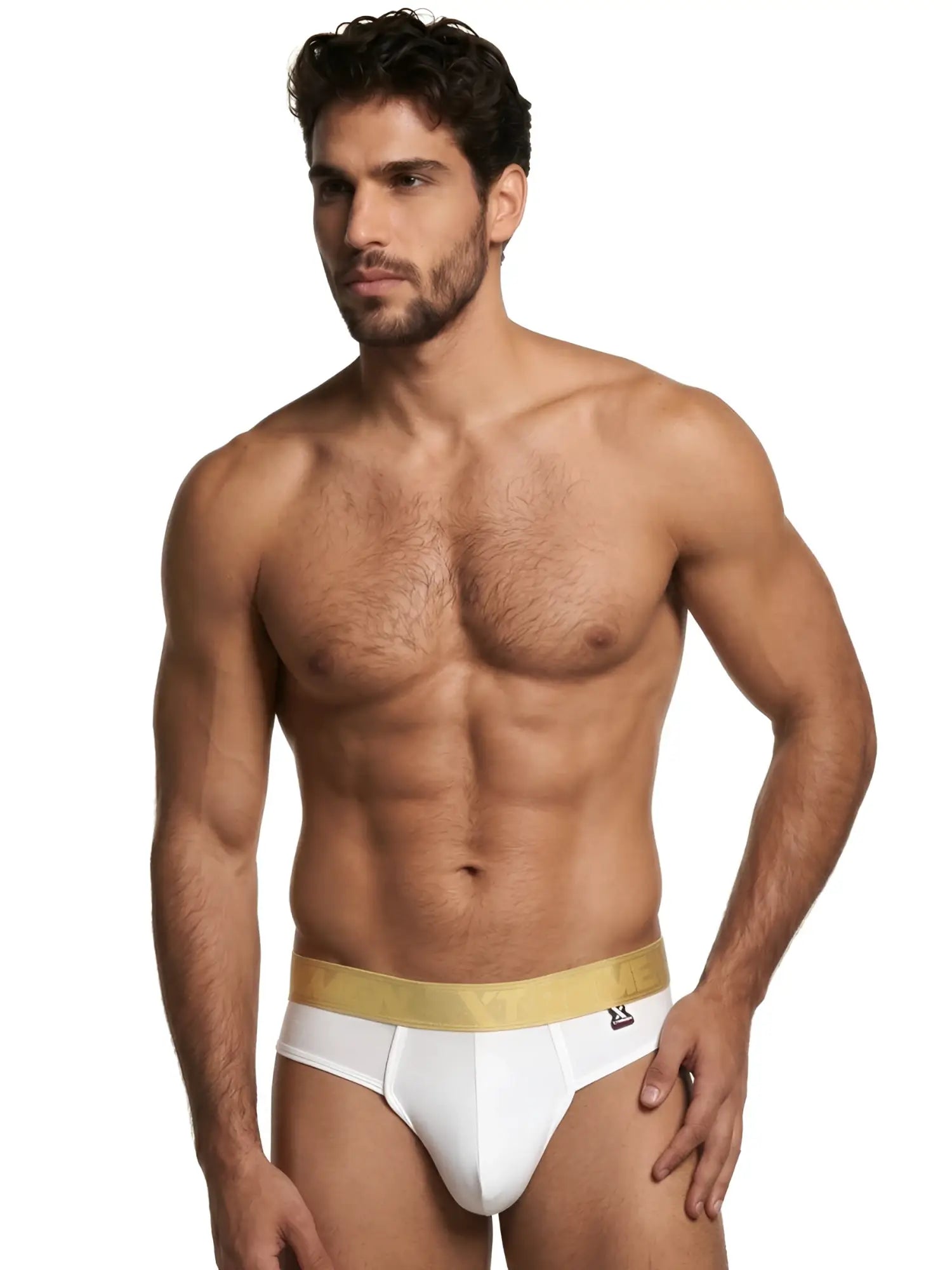 White microfiber bikini briefs with a gold elastic waistband and small branded patch on the hip.