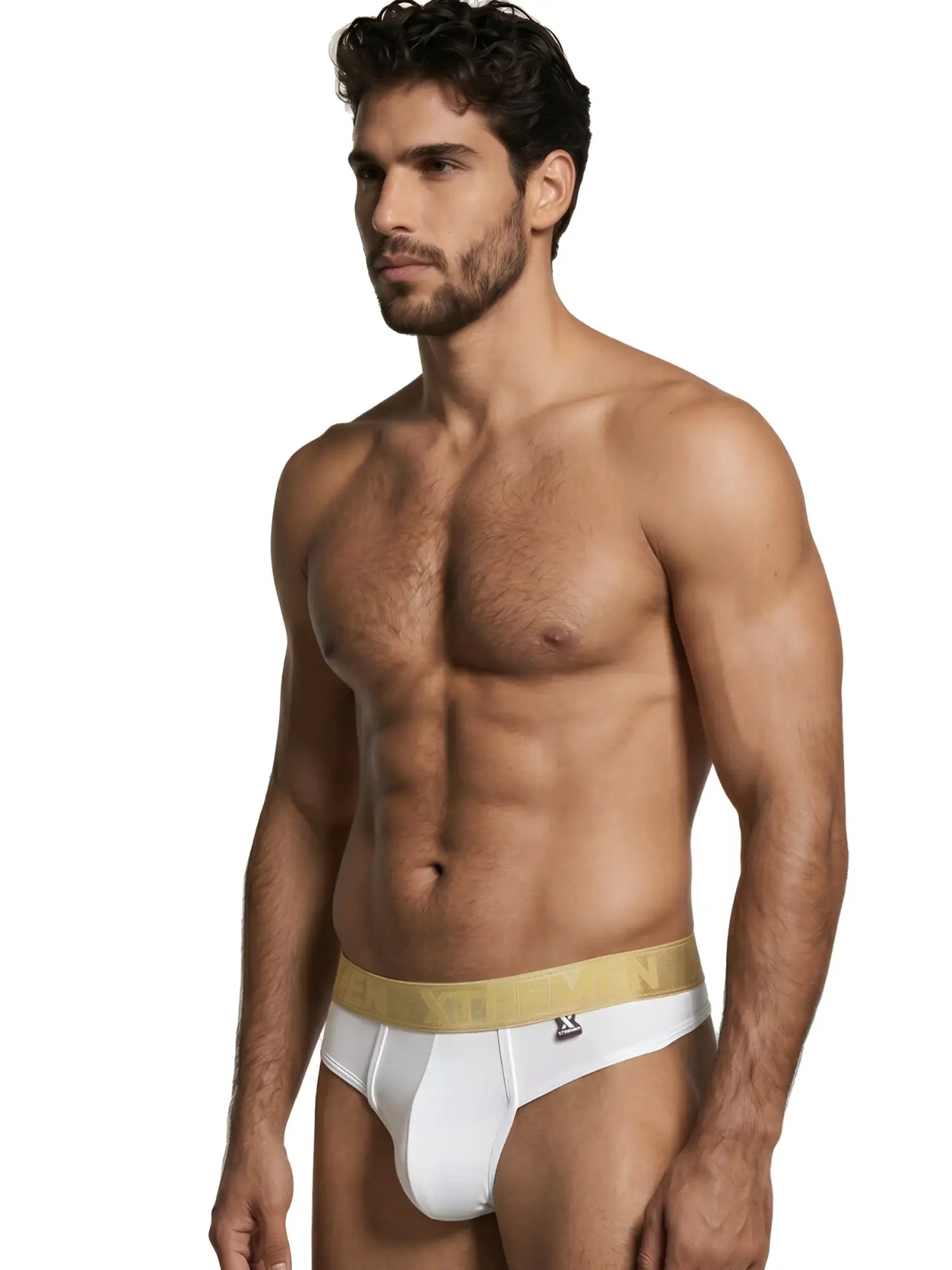 White microfiber bikini brief by Xtremen with a metallic gold logo waistband and small branded tag.
