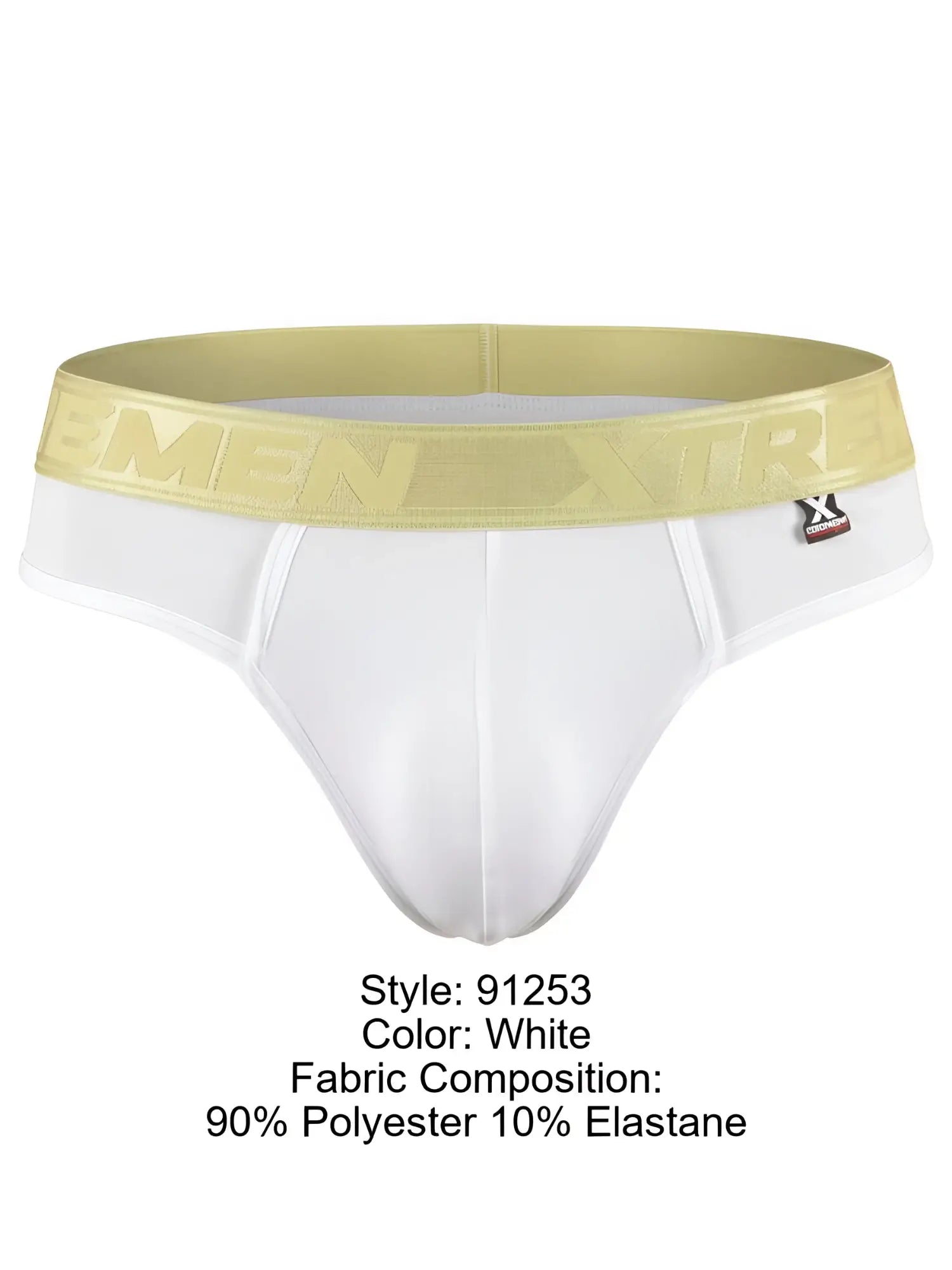 White microfiber bikini briefs with a gold branded waistband and small side logo tag.