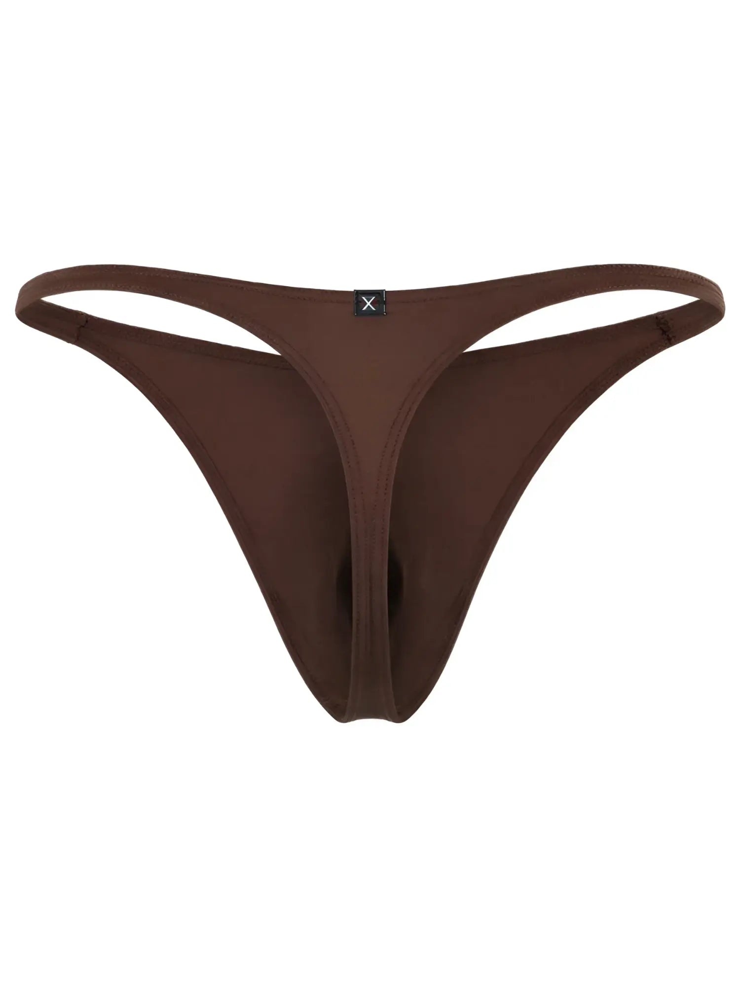 Xtremen brown microfiber thong with a minimalist waistband and a centered branded "X" logo tab.