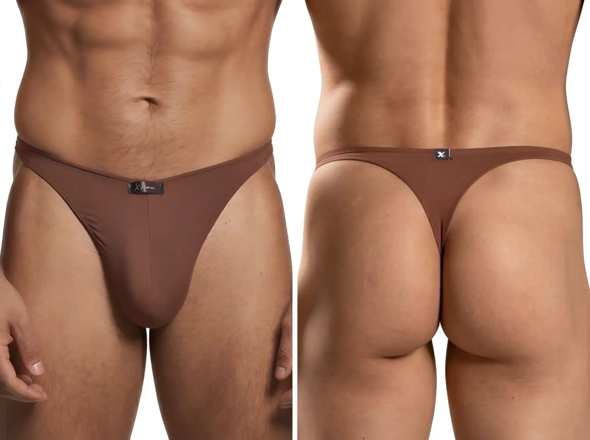 Xtremen brown microfiber thong with a minimalist design, featuring a small branded logo tab on the front and back.