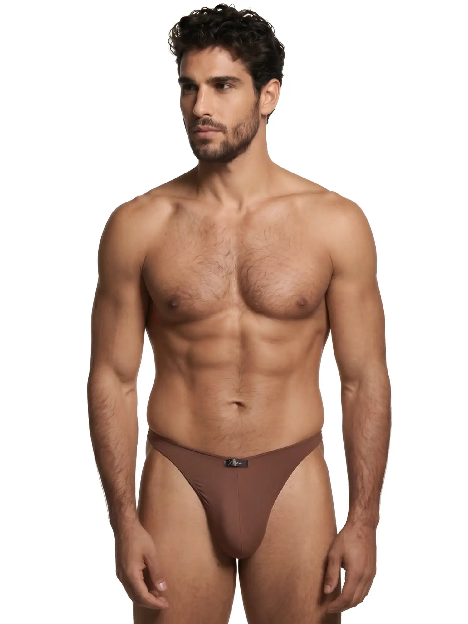 Brown microfiber bikini brief featuring a contoured pouch and center front Xtremen logo tab.
