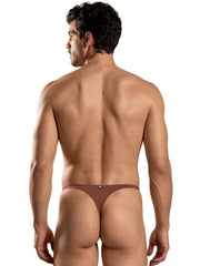 Brown microfiber thong with thin waistband and small center-back Xtremen logo tag. Back view.