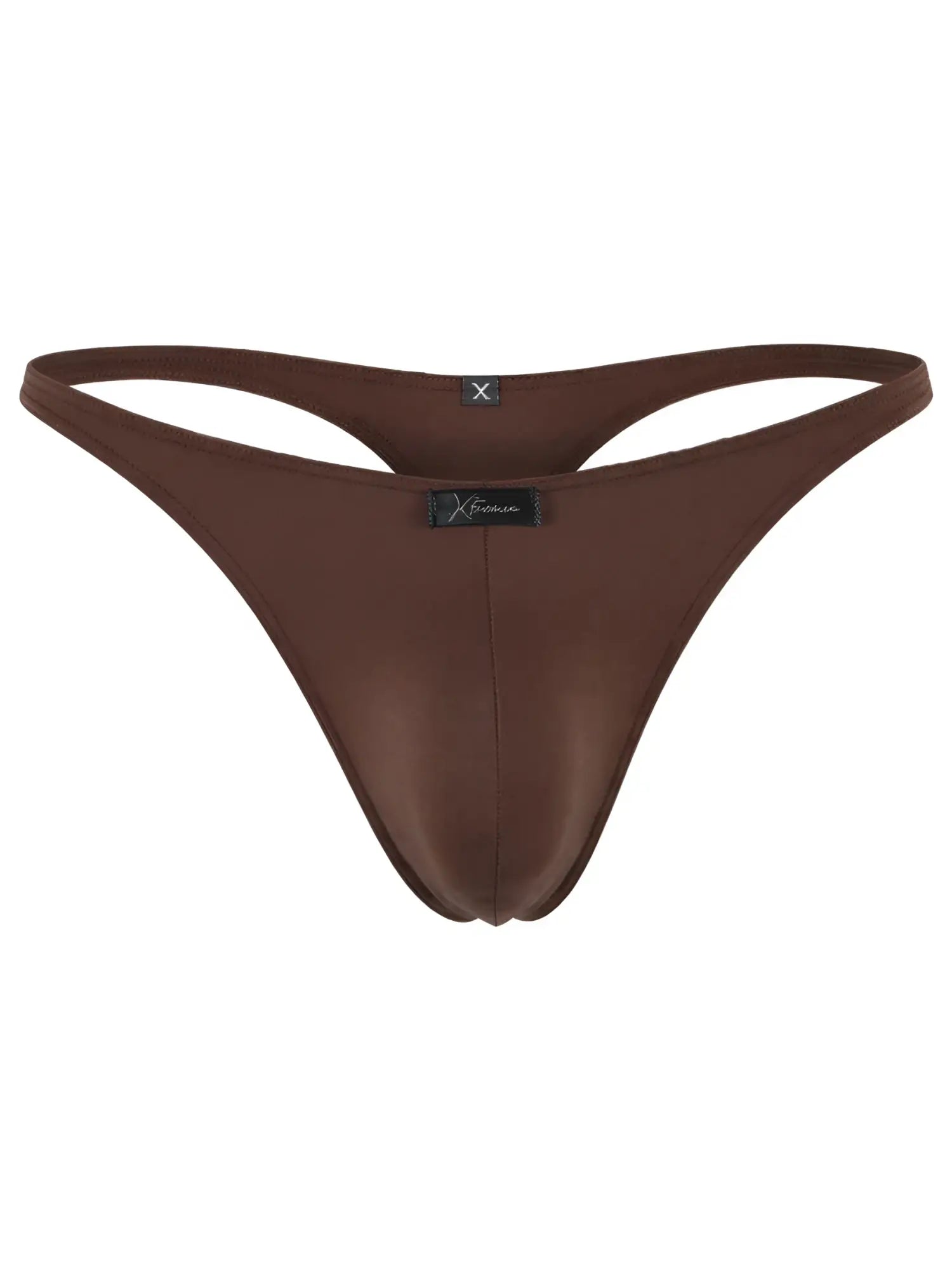 Brown microfiber thong by Xtremen with a center front seam and a branded black logo tag on the waistband.