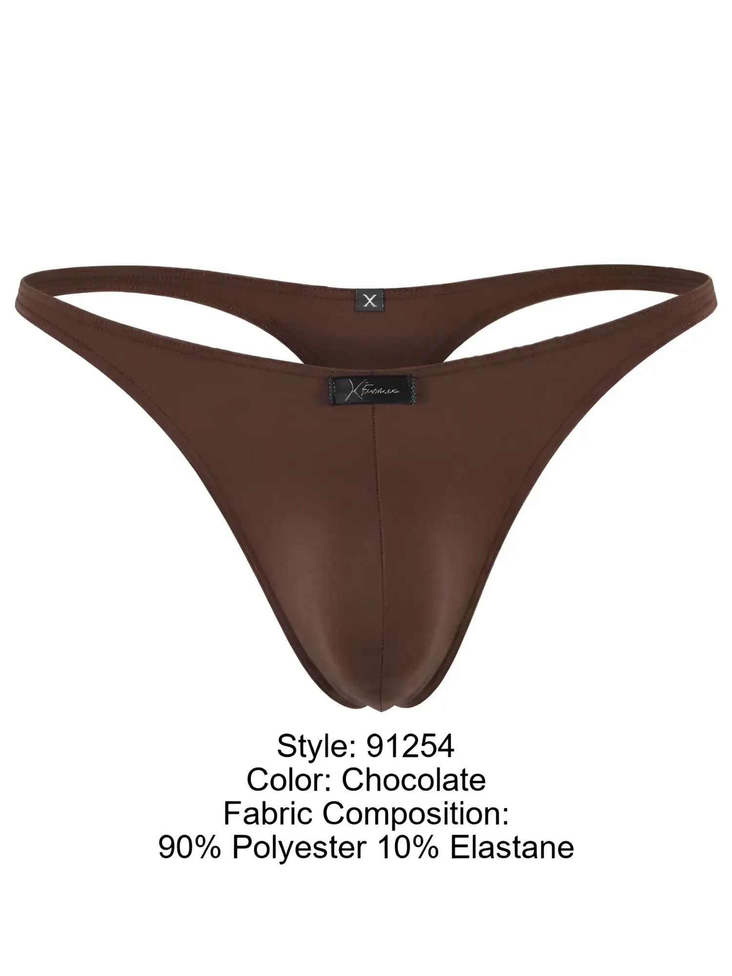 Chocolate brown microfiber thong with a center seam, minimal side straps, and an Xtremen logo patch on the front.