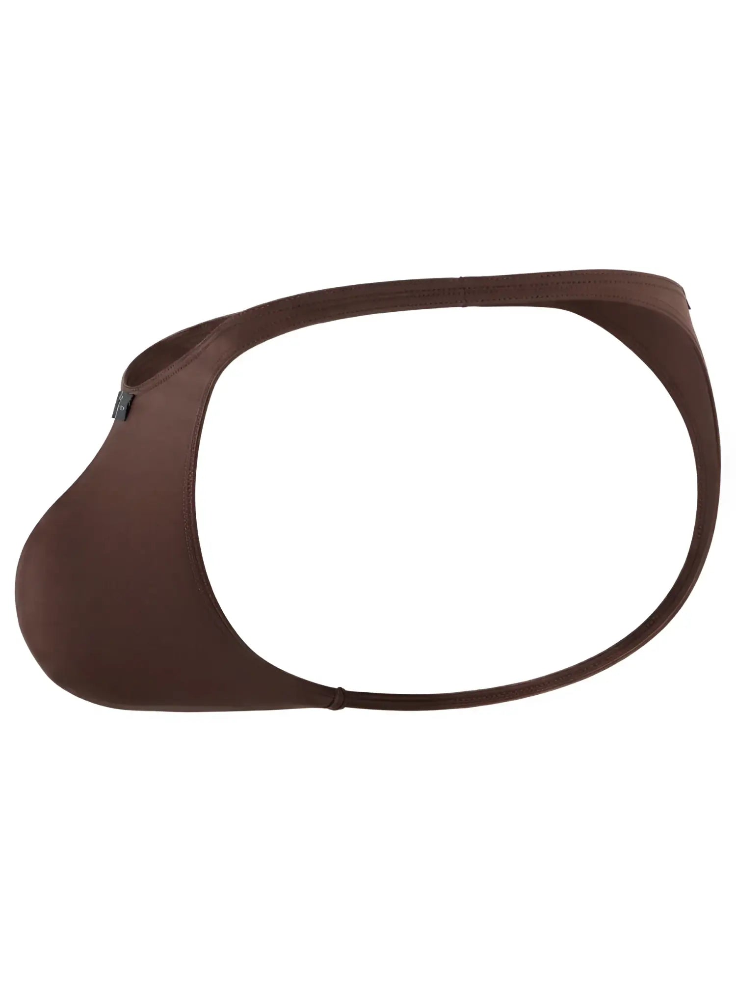 Brown microfiber thong with a contoured pouch and minimal, thin waistband. Xtremen branding tag on the side.