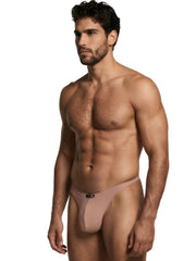 Xtremen taupe microfiber bikini brief with thin sides and a small branded logo tab at the center front waistband.