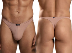 Beige microfiber thong by Xtremen. Minimalist design with thin side straps and a small branded logo tag on the front.