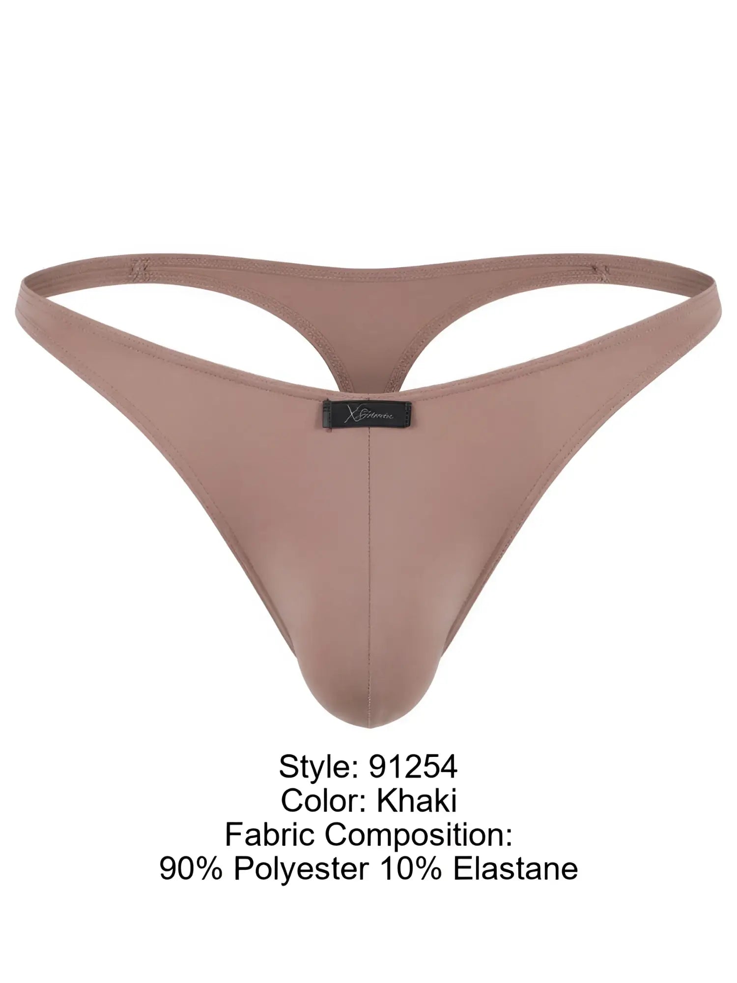 Khaki microfiber thong with thin straps and a small black Xtremen logo tag centered on the front waistband.