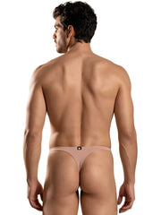 Xtremen tan microfiber thong with a minimalist strap design and small logo patch on the center back waistband.