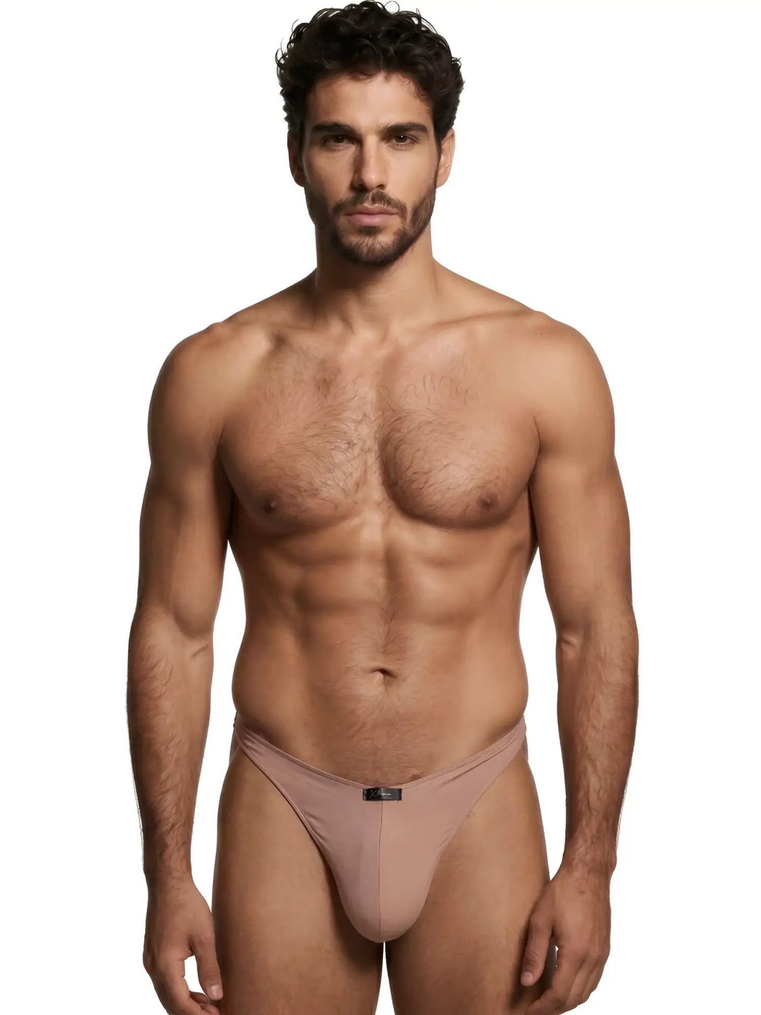 Xtremen tan microfiber bikini brief with a centered black logo patch on the waistband.
