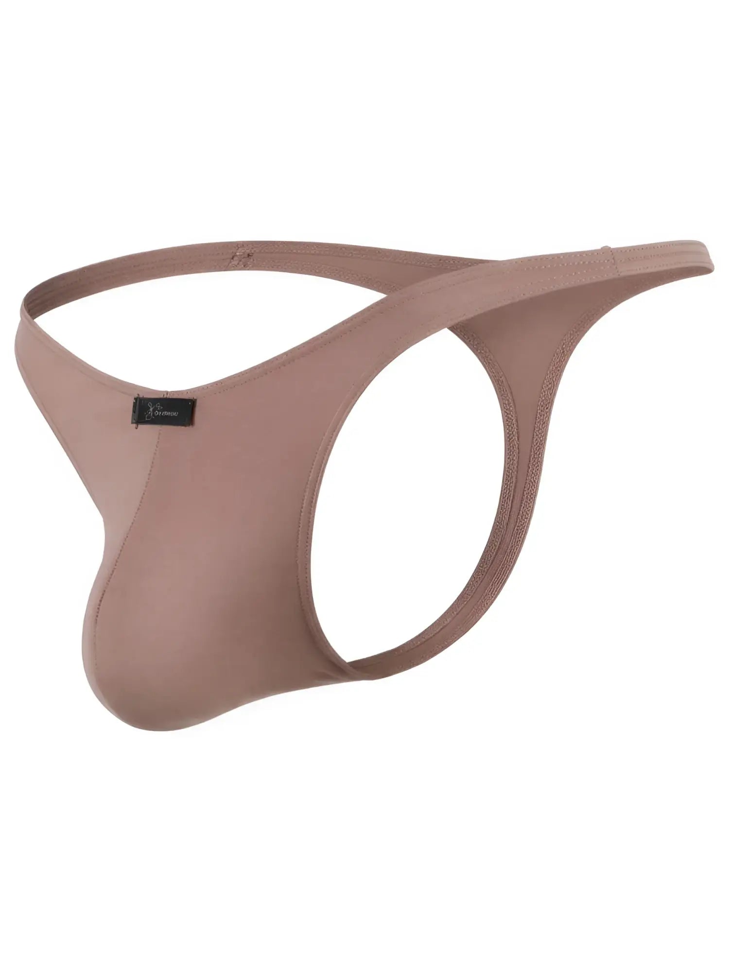Taupe microfiber thong with a contoured pouch and small black Xtremen logo tag on the left side.