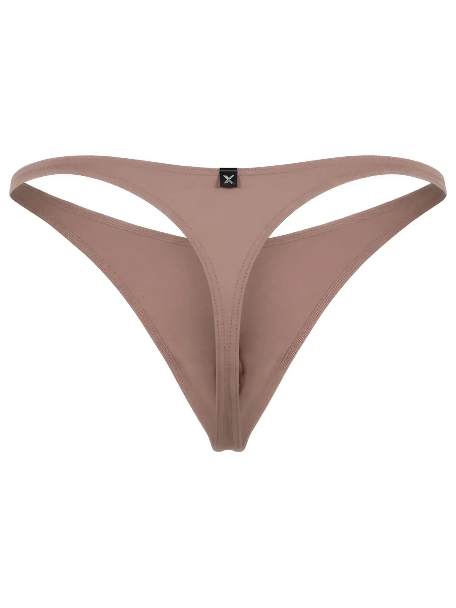 Xtremen mauve microfiber thong with thin sides and a black "X" logo tag on the center front waistband.