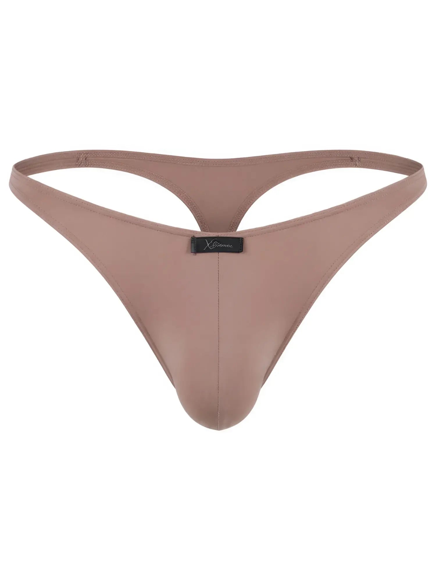 Taupe microfiber thong with a center seam and Xtremen brand logo tab on the front.