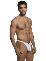 Xtremen white microfiber bikini thong with a thin waistband and a small black logo tab on the front.