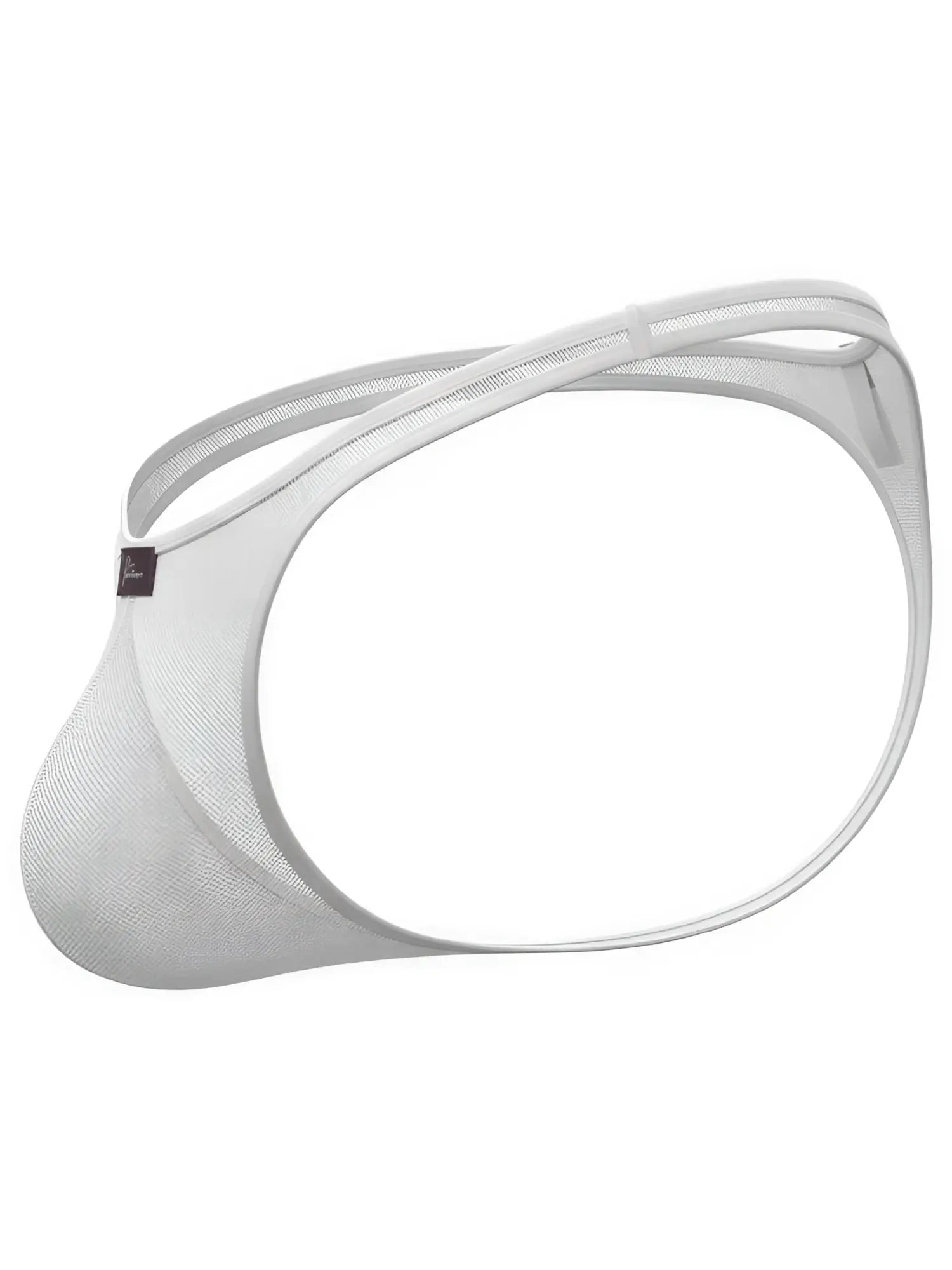 White Xtremen thong in mesh fabric with thin elastic side straps and a pouch.
