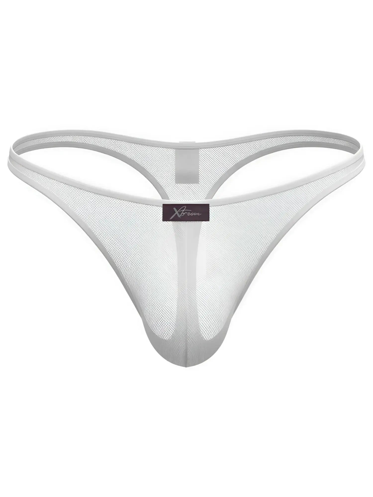White mesh thong by Xtremen with a thin waistband, a center front seam, and a small dark rectangular logo patch.