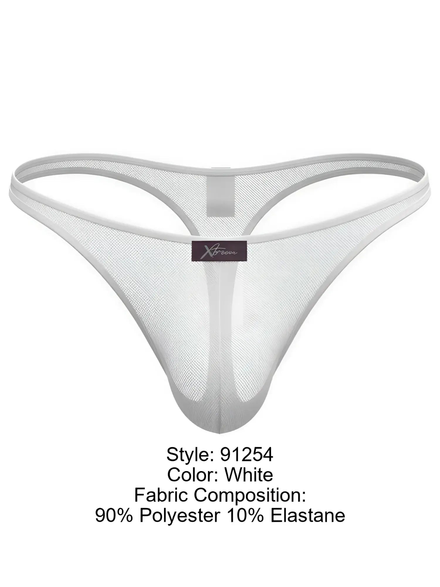 White mesh thong by Xtremen with a contoured pouch, thin elastic waistband, and a center logo tab.