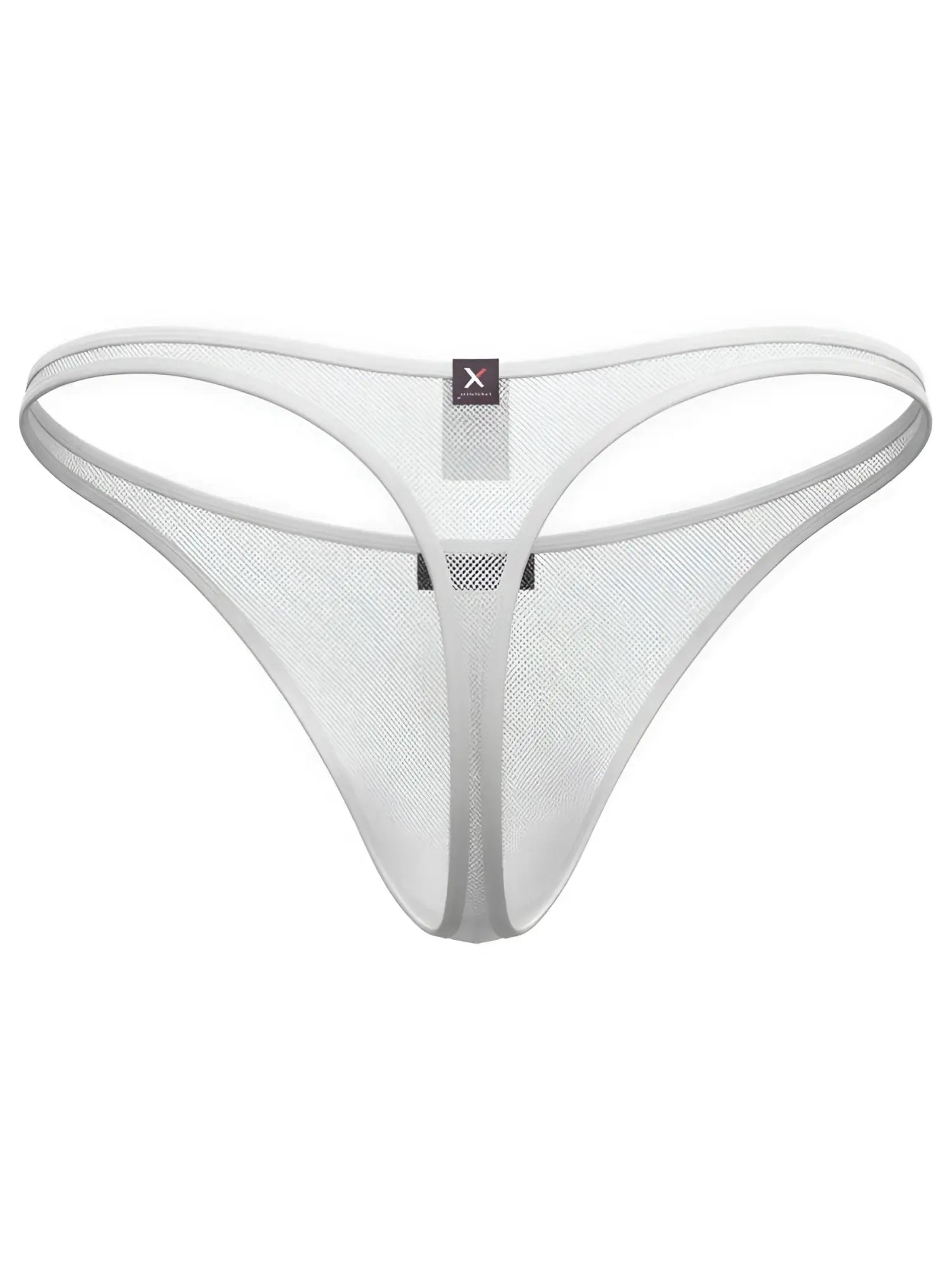 White mesh thong by Xtremen with thin side straps and a small "X" logo patch on the front waistband.