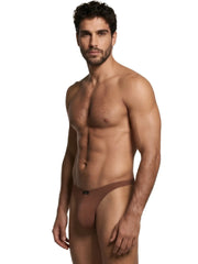 Brown microfiber bikini underwear with a thin waistband and small Xtremen logo tag at the center.