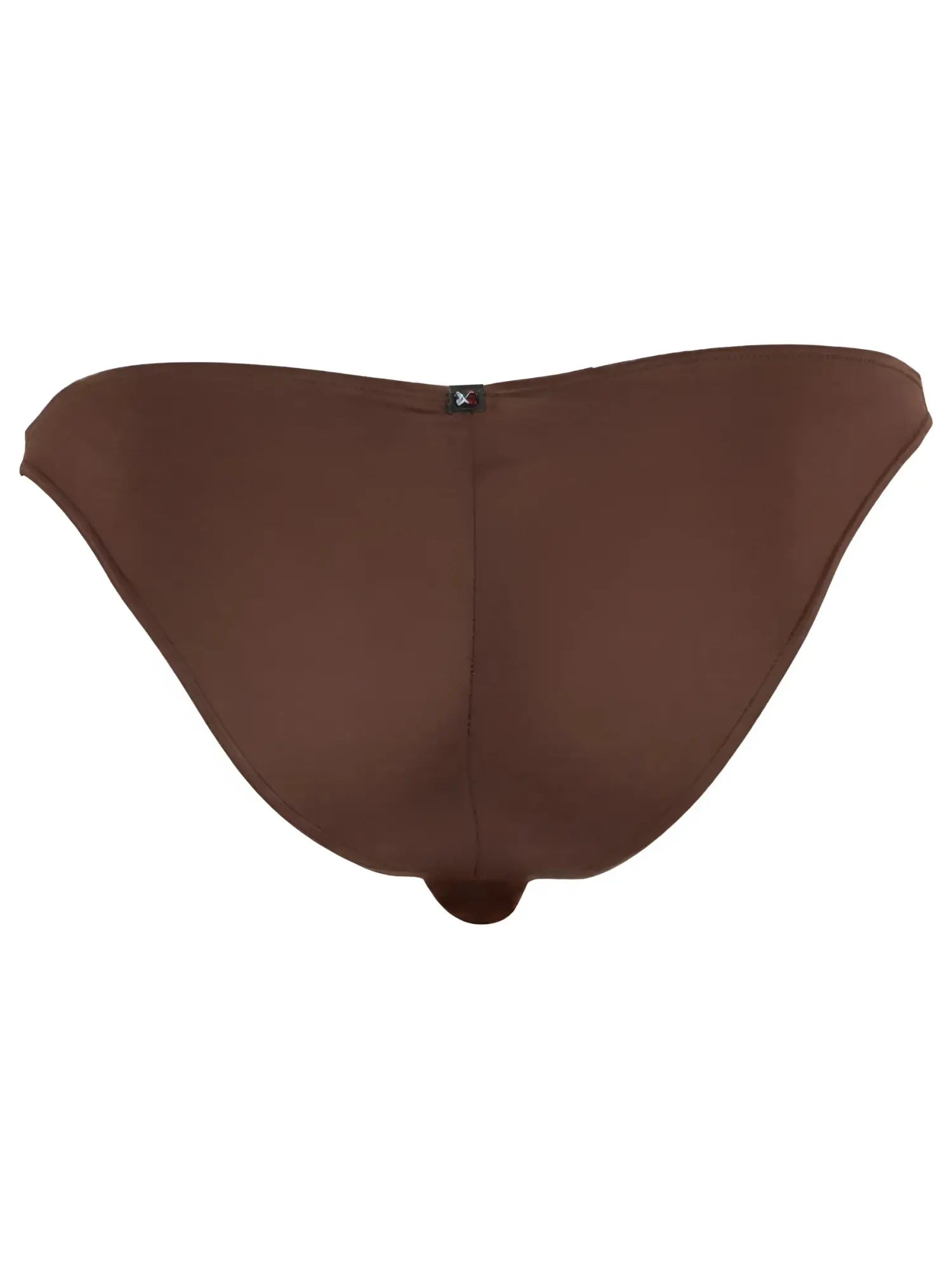 Brown microfiber bikini brief with a center back seam and a small Xtremen logo tag at the waist.