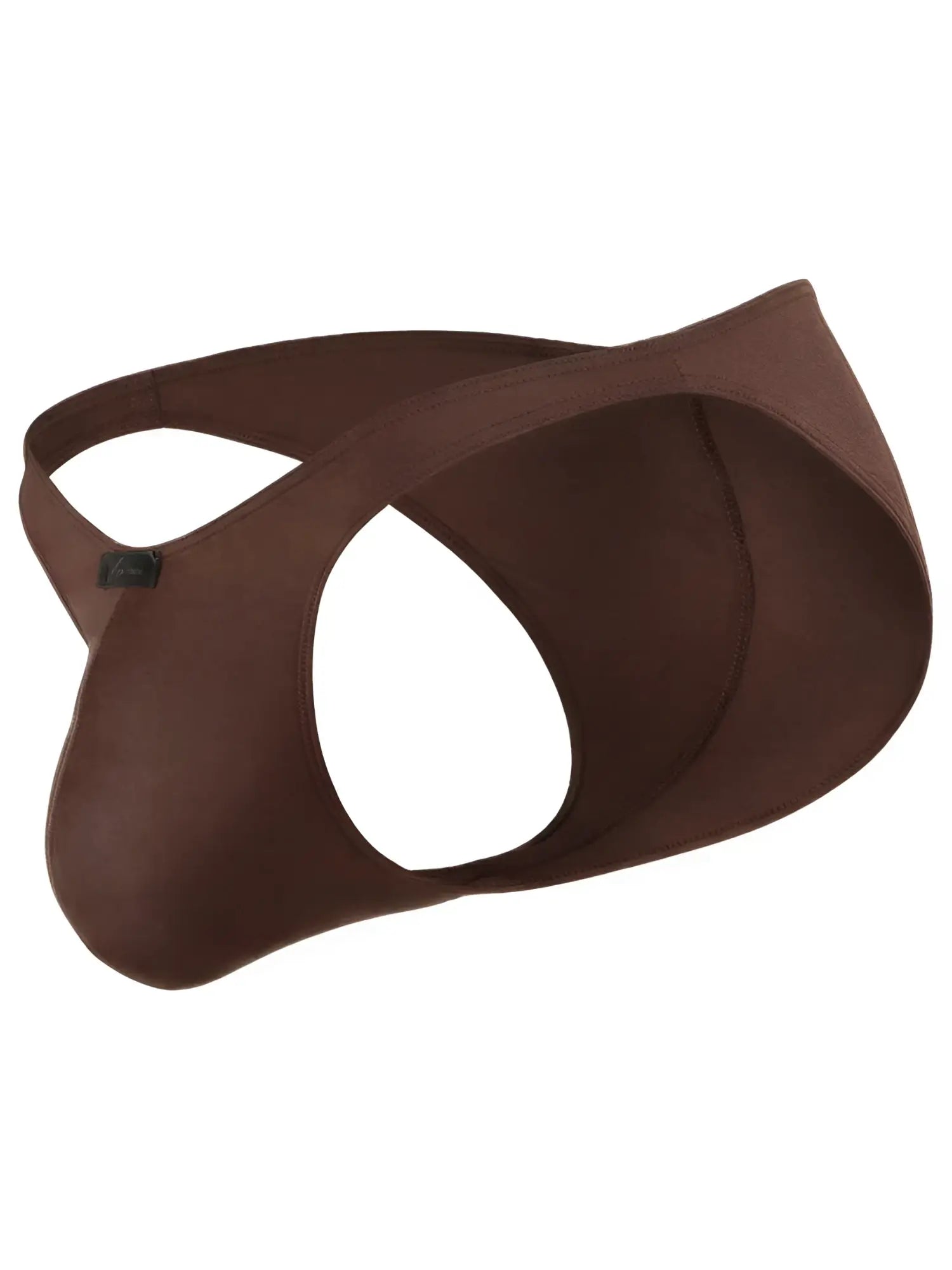 Brown microfiber Xtremen bikini thong with an open-back design and small branded side tab.