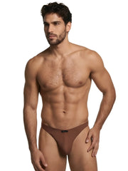 Brown microfiber bikini brief with a small black Xtremen logo tag on the front waistband.