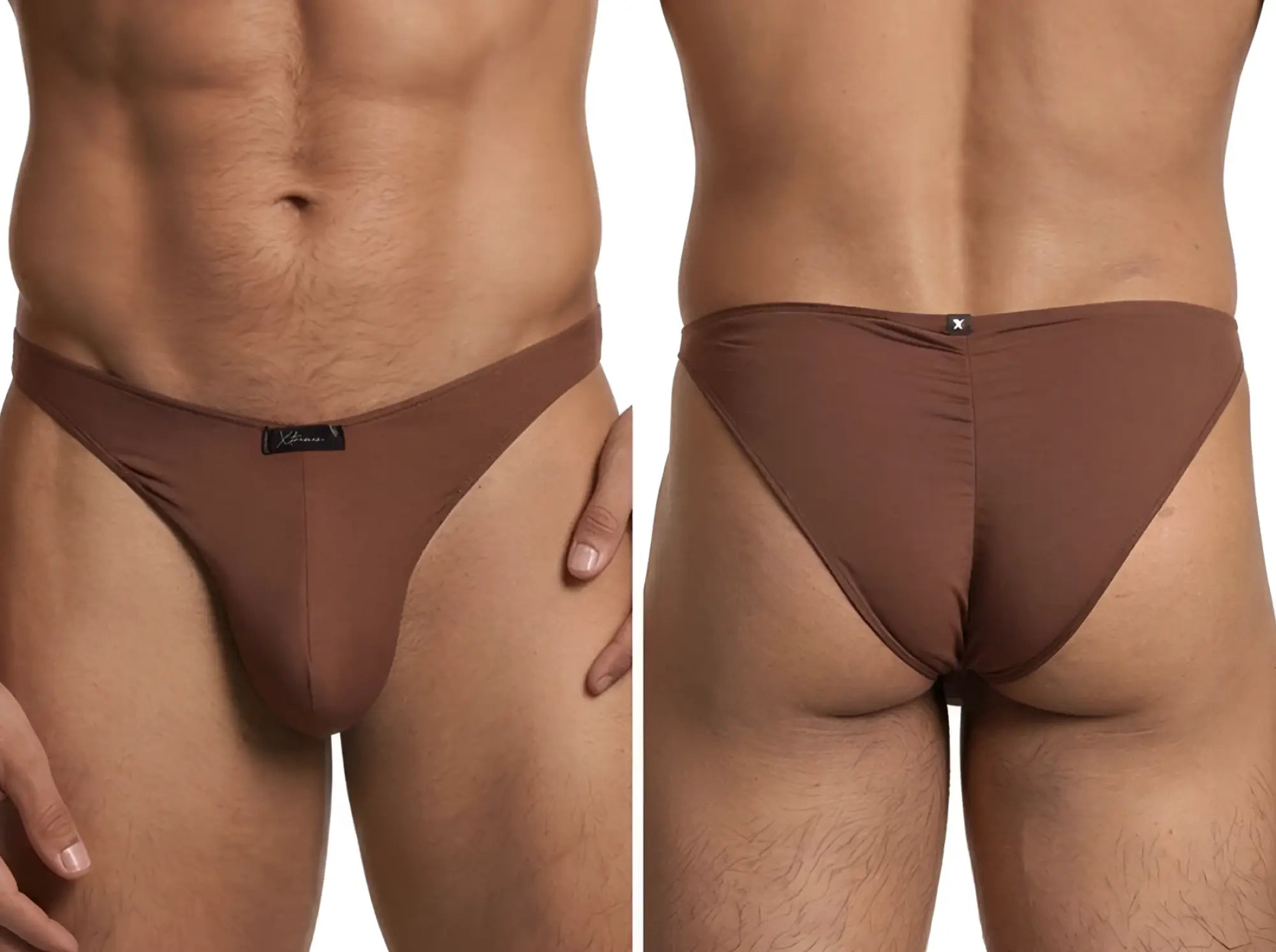 Brown microfiber bikini brief with Xtremen logo tag on the front and ruched back detail.