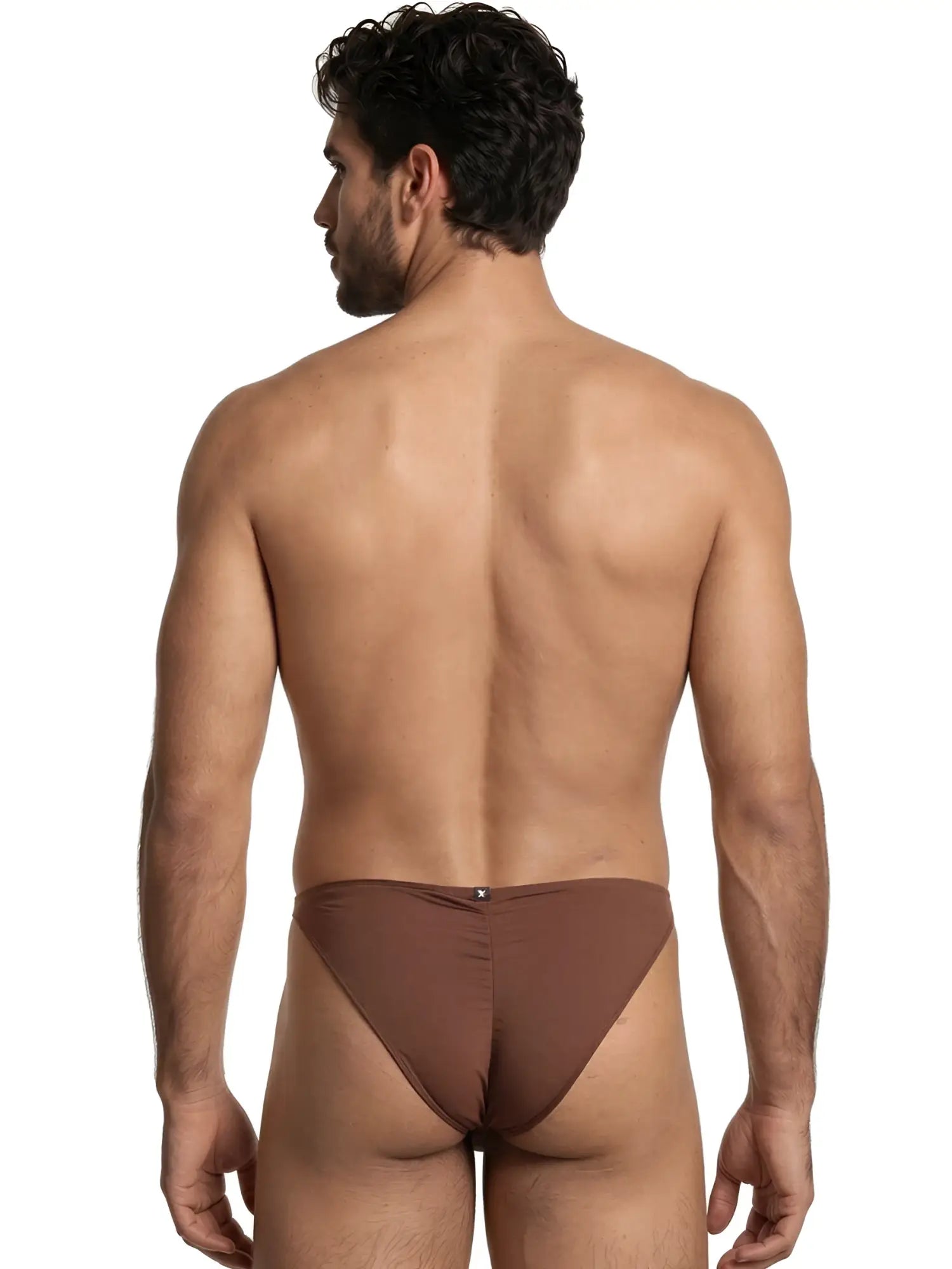 Brown microfiber bikini underwear with a vertical back seam and small Xtremen logo tag at the center waistband.