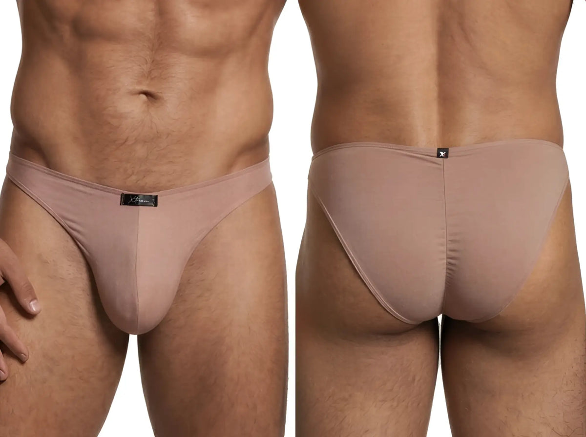 Taupe microfiber bikini briefs by Xtremen with a center-seam back and a small black logo tab on the front waistband.