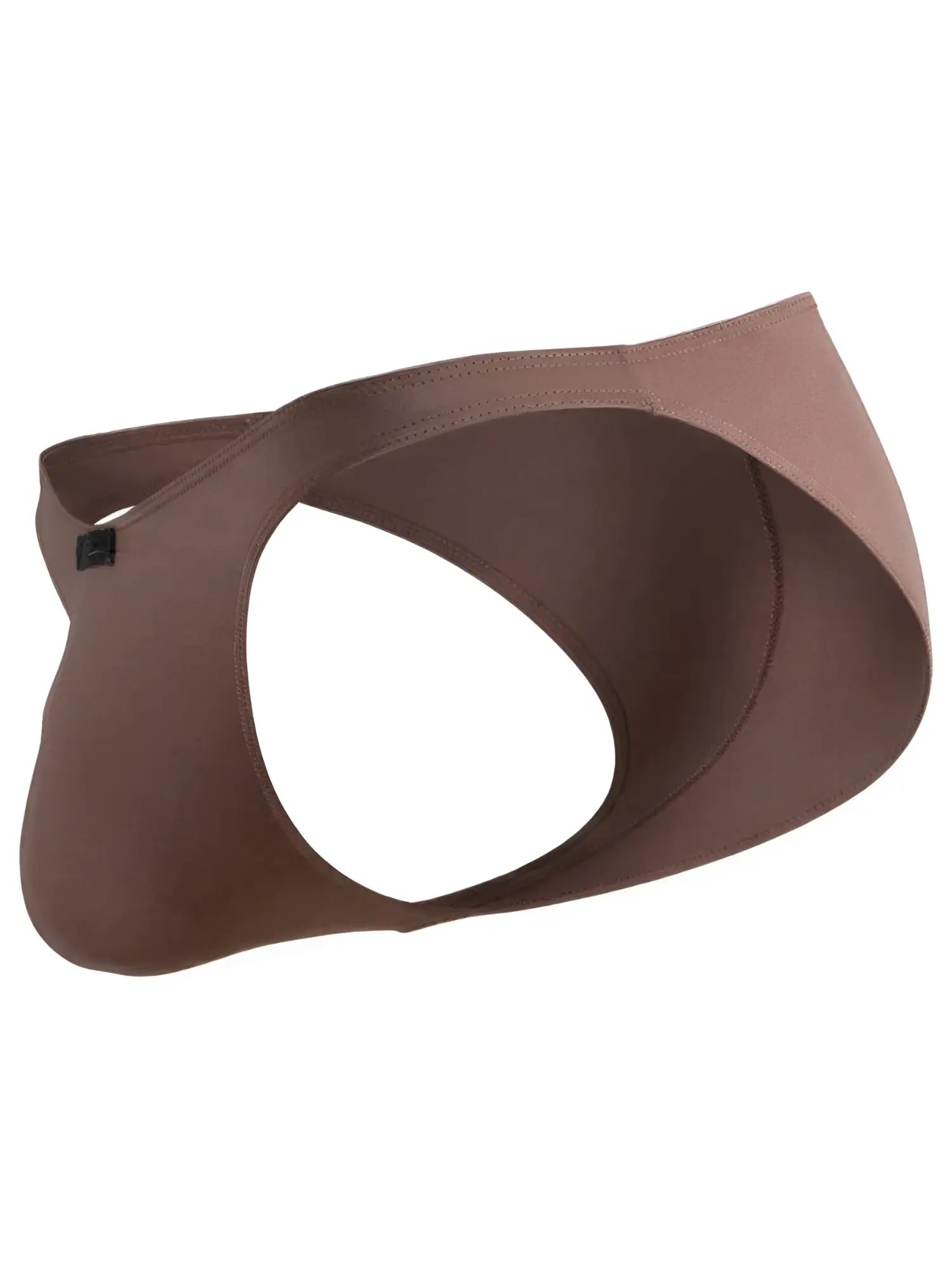 Brown microfiber thong with a cut-out design and black Xtremen logo tab on the waistband.