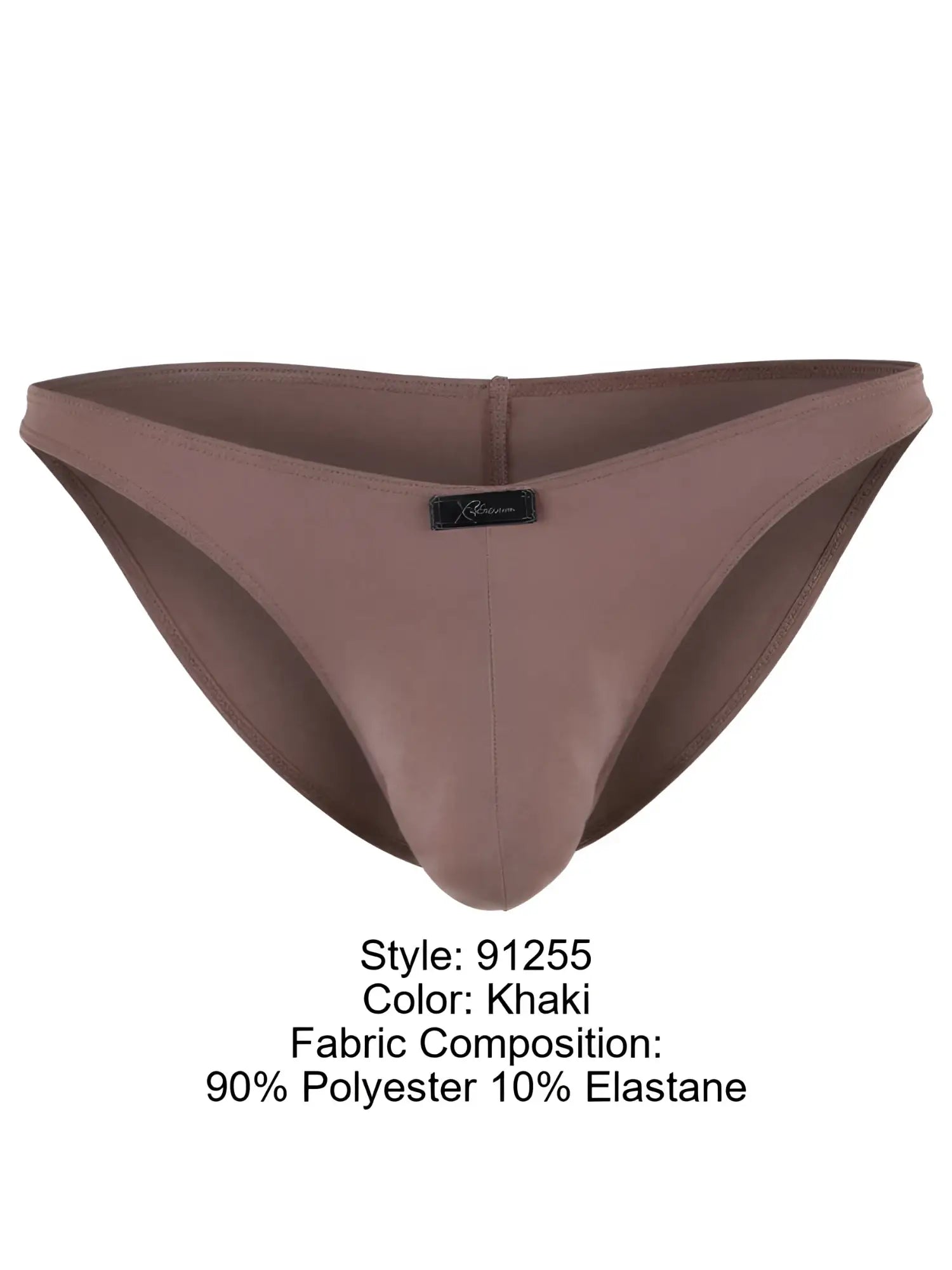 Khaki microfiber bikini brief with a vertical center seam and a small black Xtremen logo tag on the front waistband.