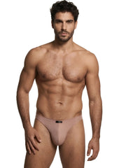 Dusty rose microfiber bikini brief featuring a centered Xtremen logo patch on the waistband.