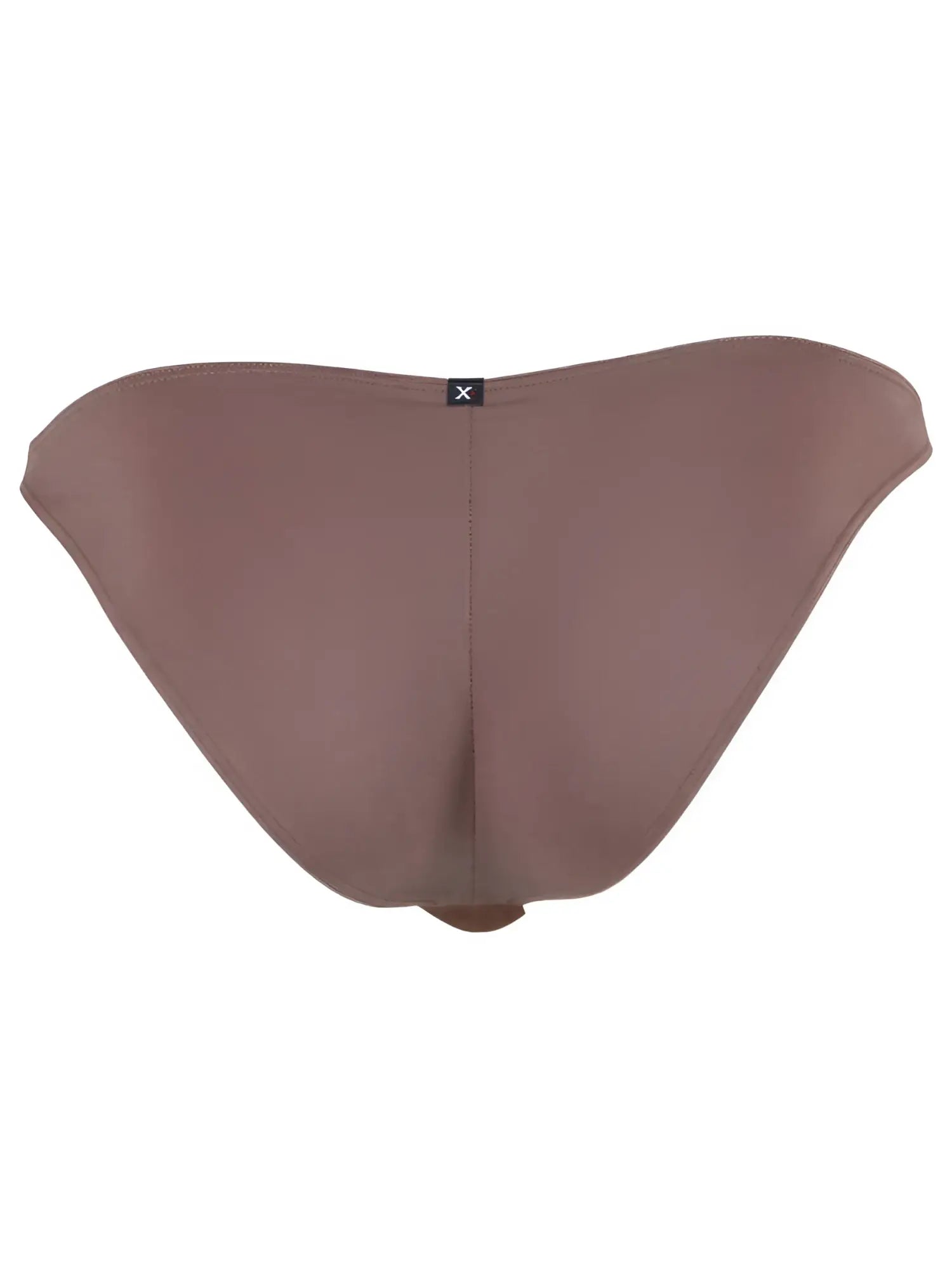Taupe microfiber bikini brief with center back seam and small Xtremen logo tag at the waistband.