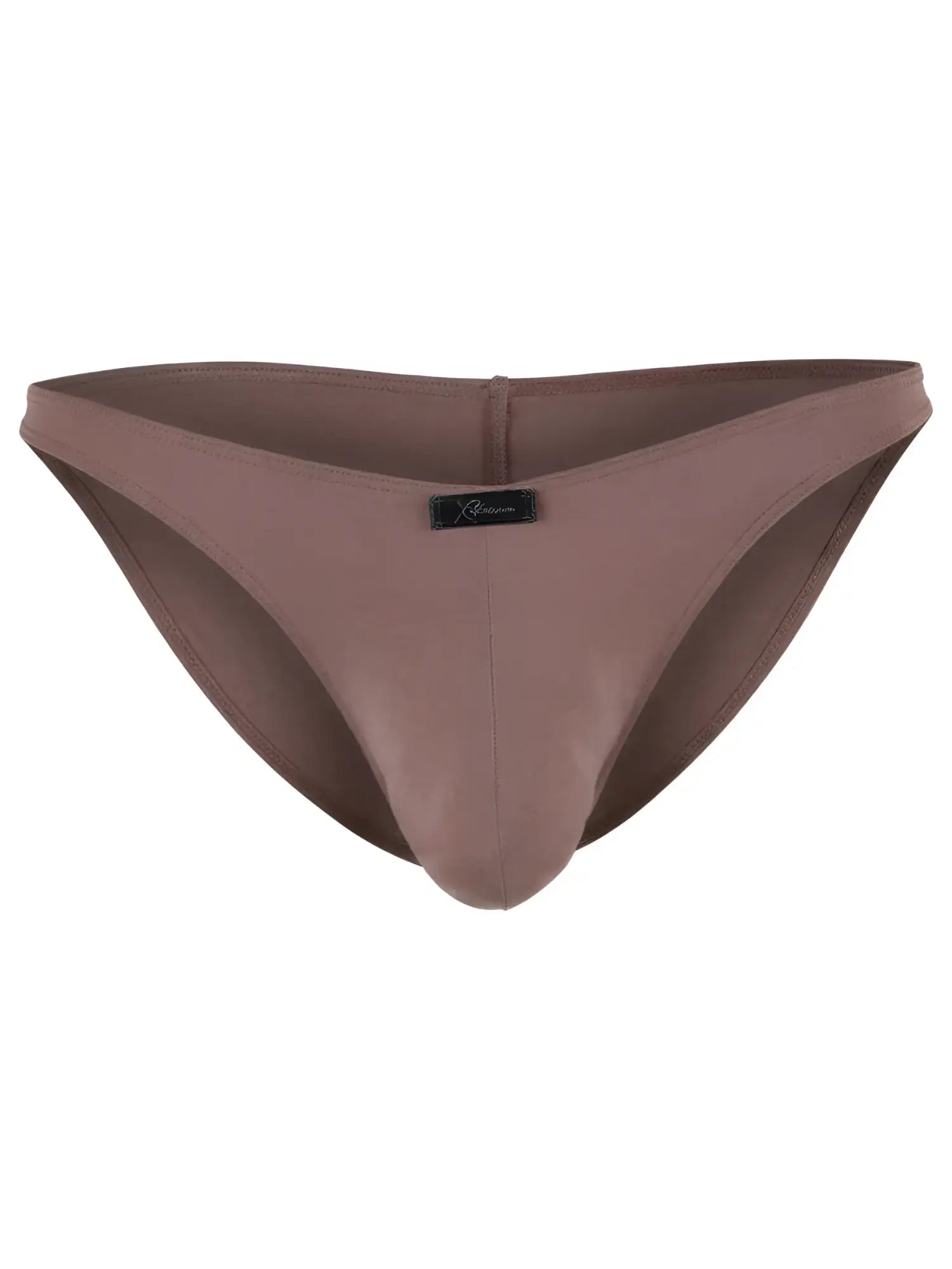 Brown microfiber bikini briefs by Xtremen with a center seam and a small branded black logo tab on the front.