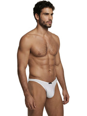 White microfiber bikini briefs with high-cut legs and a small black logo patch on the center front waistband.