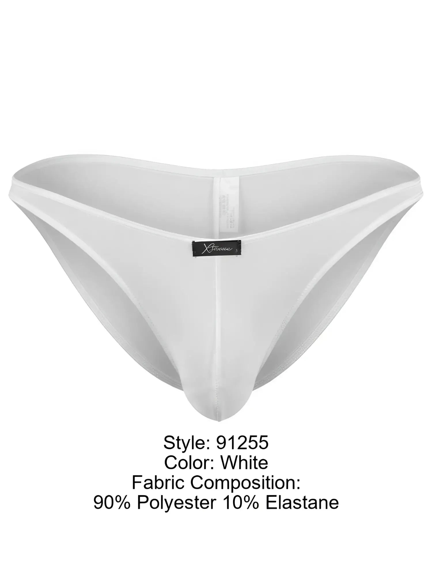 White microfiber bikini brief by Xtremen with a center front black logo label.