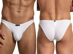 White microfiber bikini briefs with a center seam, featuring a black branded label on the front and back waistband.