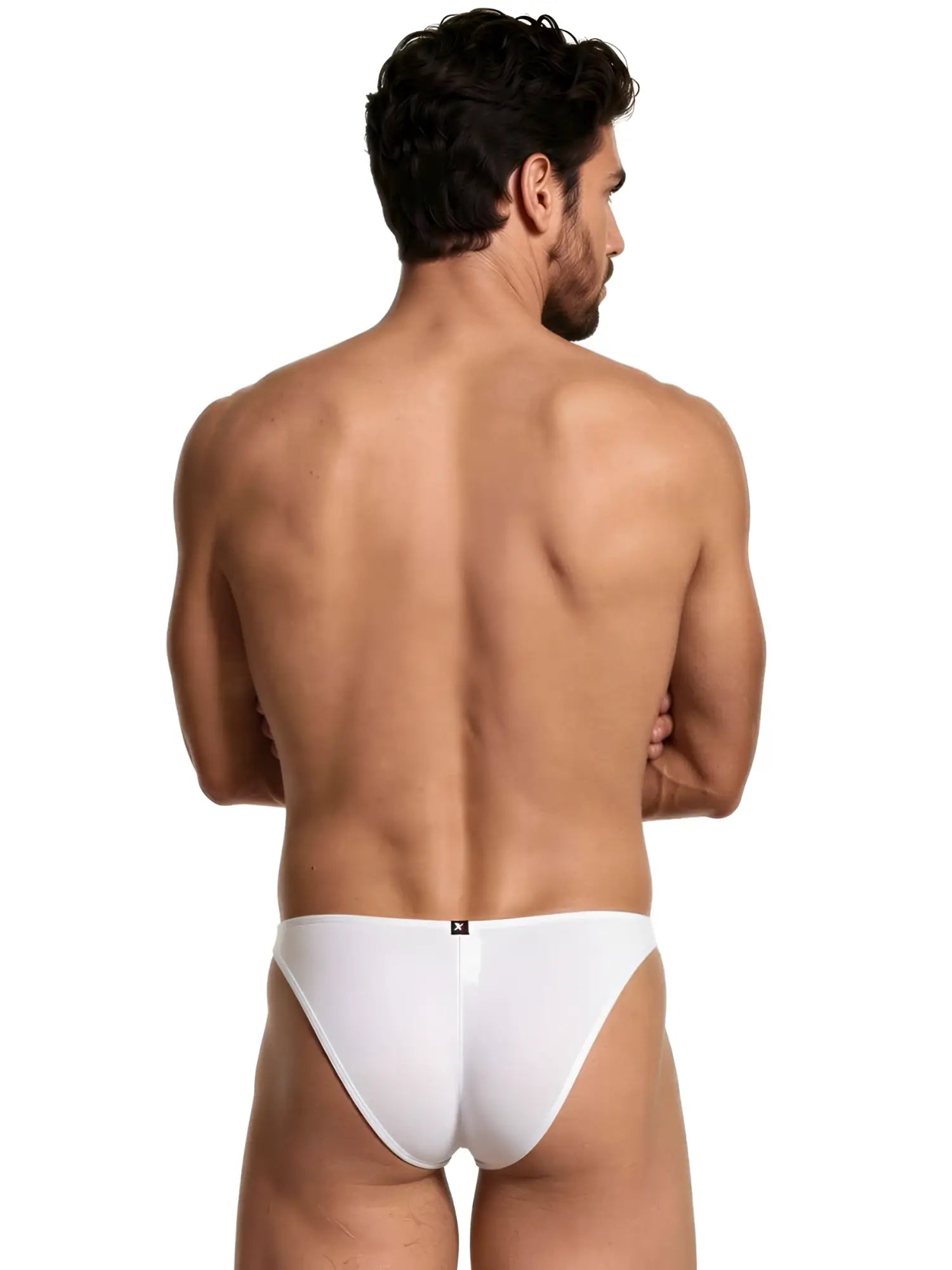 White microfiber bikini briefs with a centered black and white Xtremen logo tag on the back waistband.