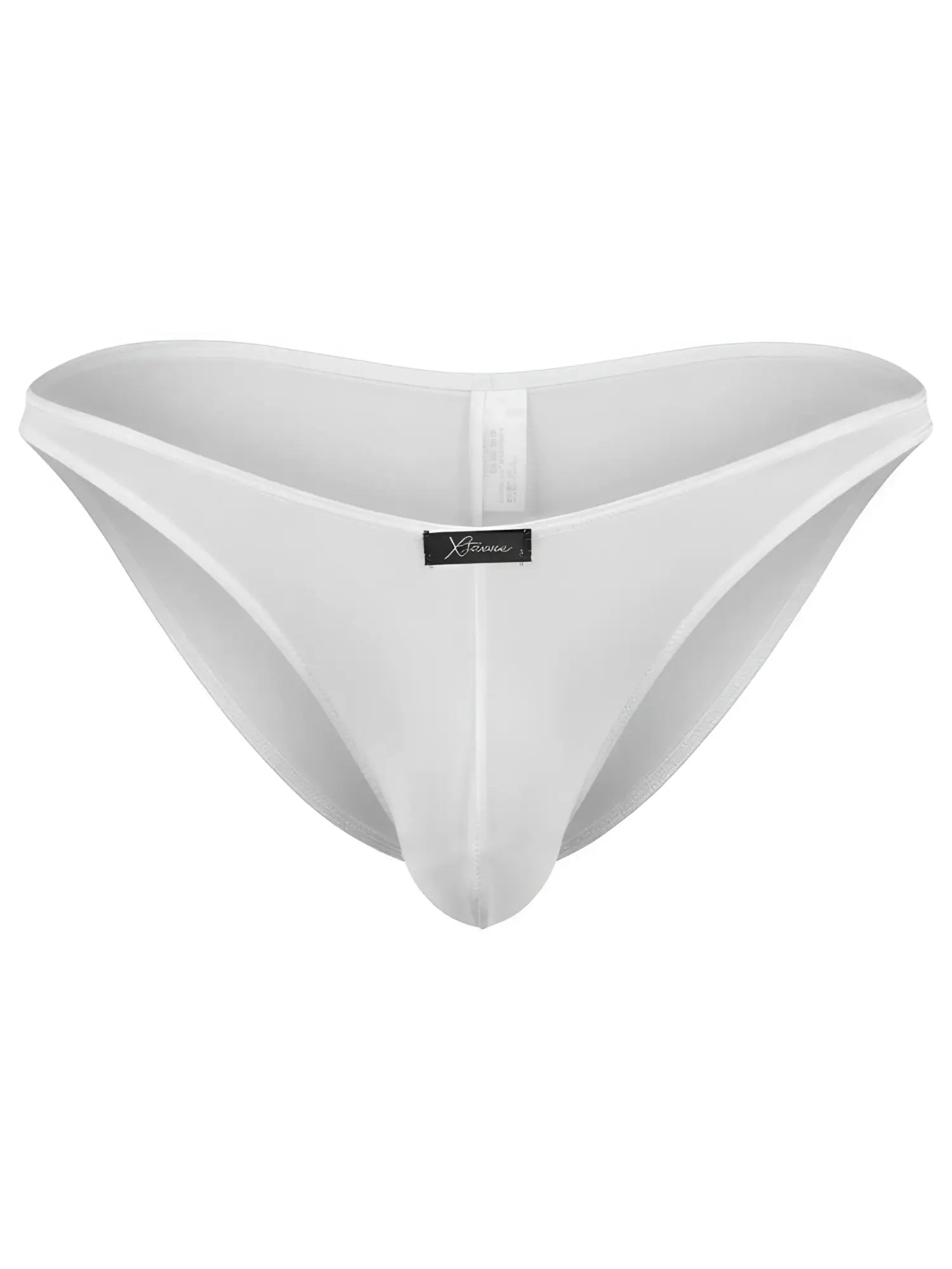 White microfiber bikini brief with thin elastic trim and a small center front Xtremen brand logo tag.