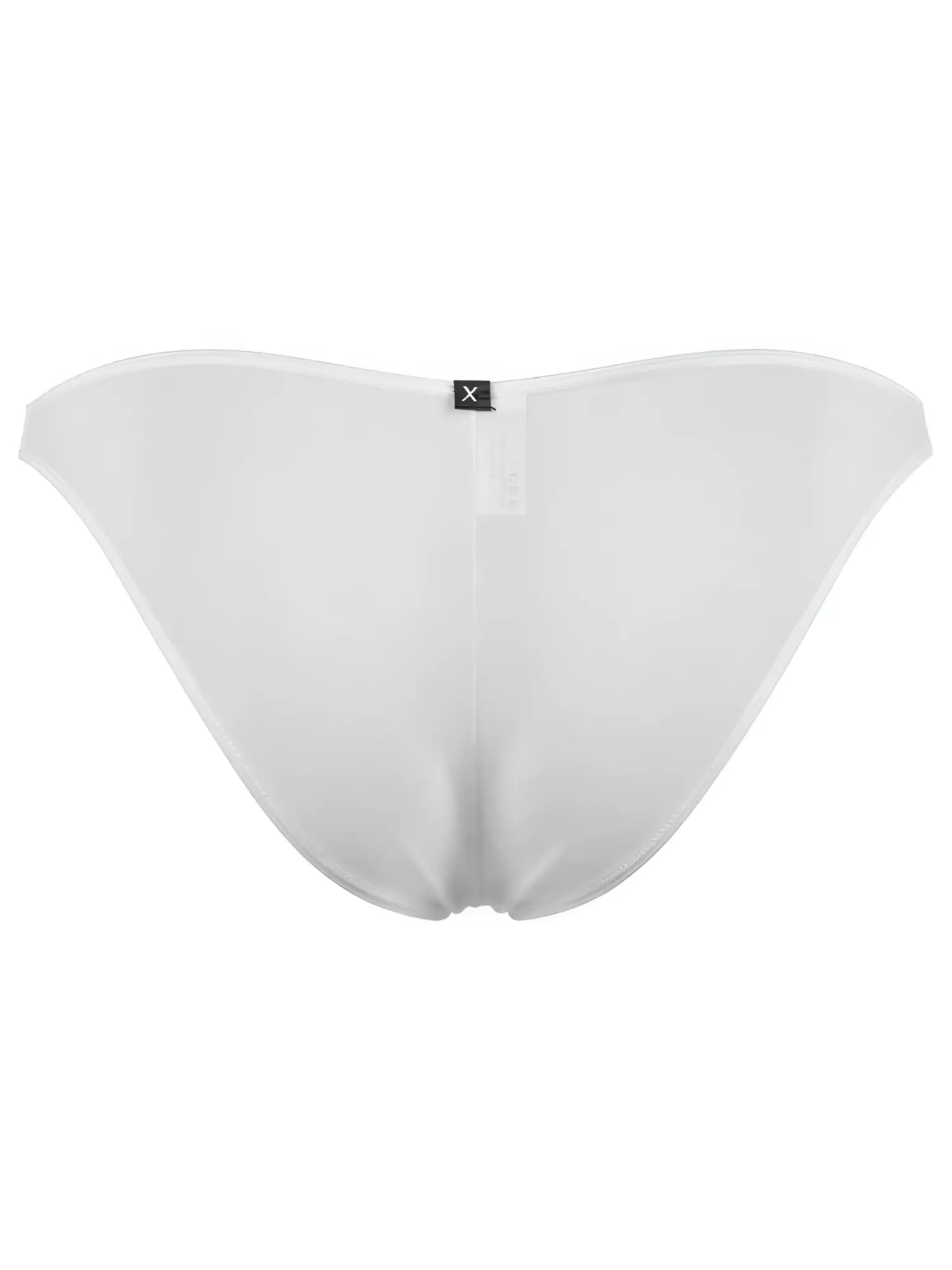 White microfiber bikini briefs with a center seam and a small black Xtremen brand label on the rear waistband.