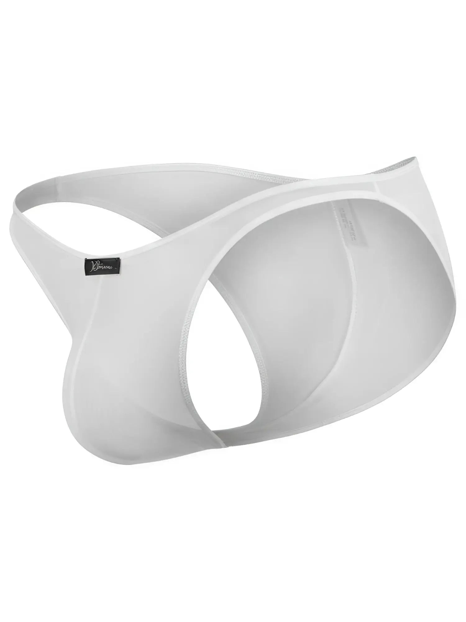 White microfiber Xtremen jockstrap with an open-back design and black logo tag on the side.