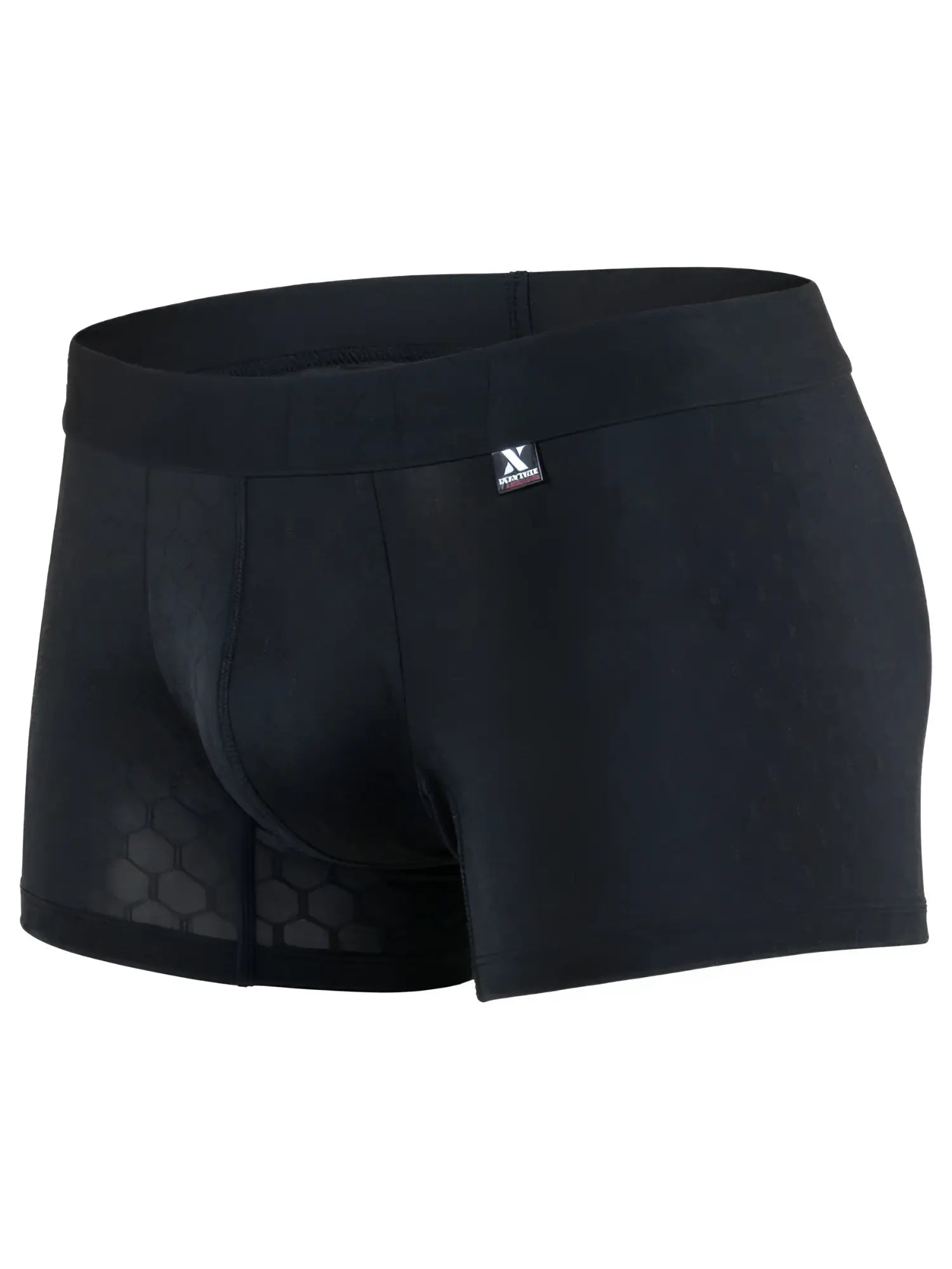 Black Xtremen boxer briefs in microfiber with a subtle honeycomb mesh pattern and logo tab on the waistband.