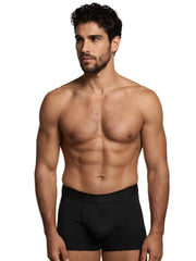 Black microfiber boxer brief with a tonal "MEN" logo on the waistband and subtle textured fabric design.