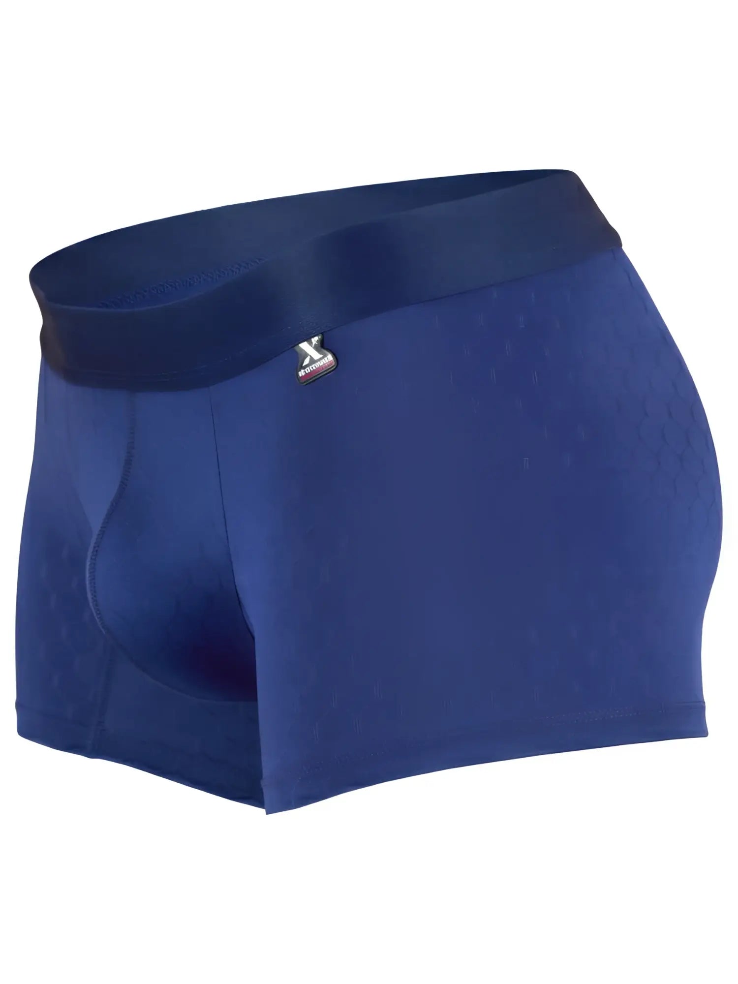 Blue boxer briefs in textured hexagonal microfiber with an elastic waistband featuring an Xtremen logo tag.
