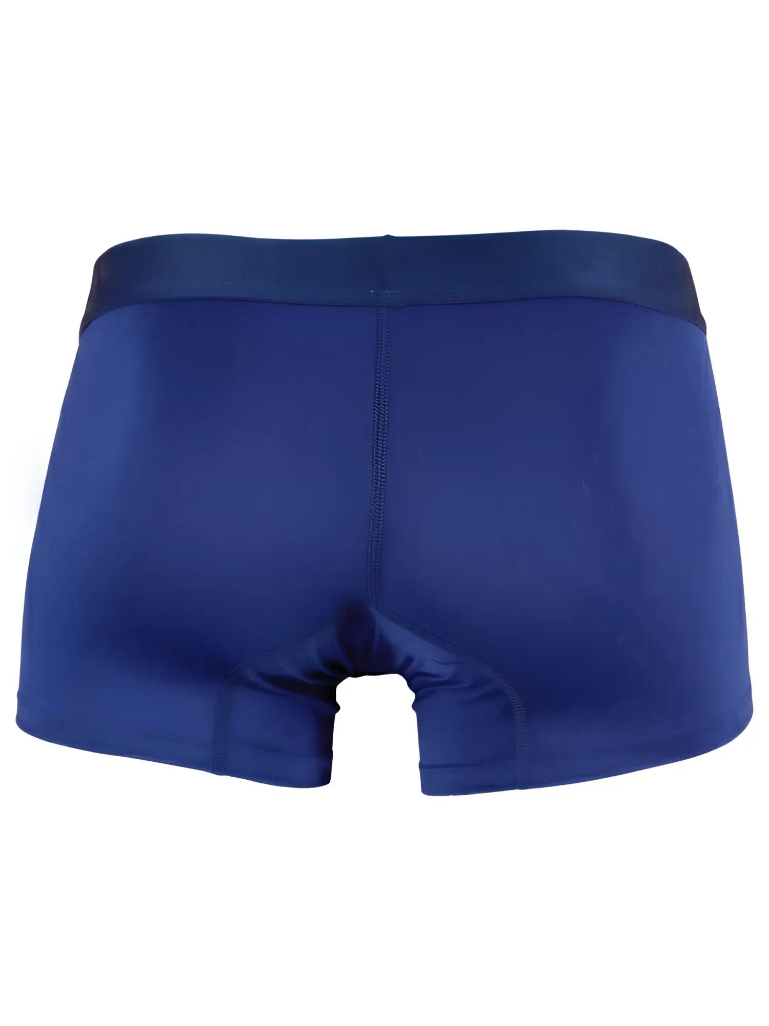 Royal blue microfiber boxer briefs with a matching elastic waistband and center seam detail.