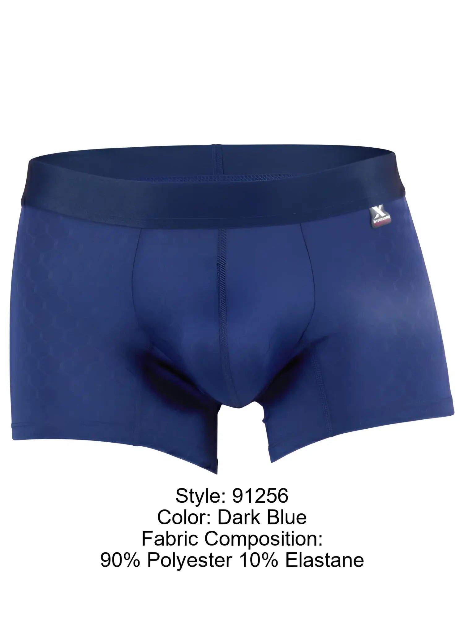 Dark blue microfiber boxer brief with a subtle honeycomb pattern and an elastic logo waistband.