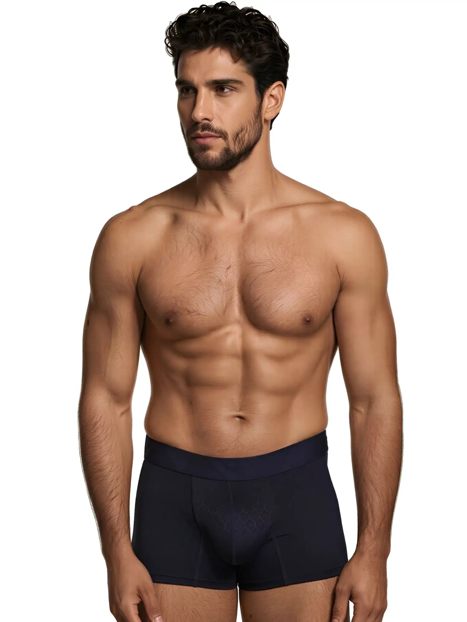 Navy boxer briefs in microfiber with a tonal hexagonal pattern on the pouch and a branded elastic waistband.