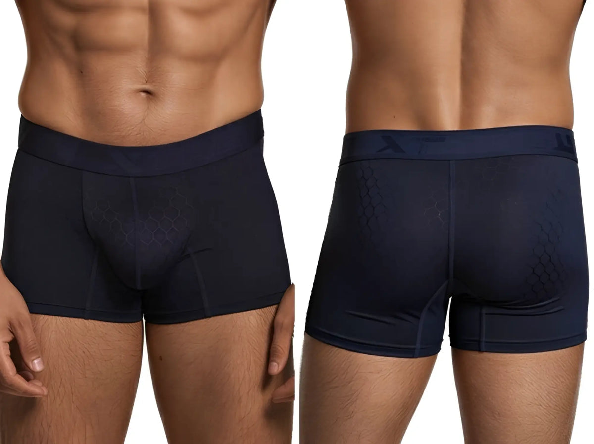 Navy Xtremen microfiber boxer briefs with a subtle tonal honeycomb pattern and branded elastic waistband.
