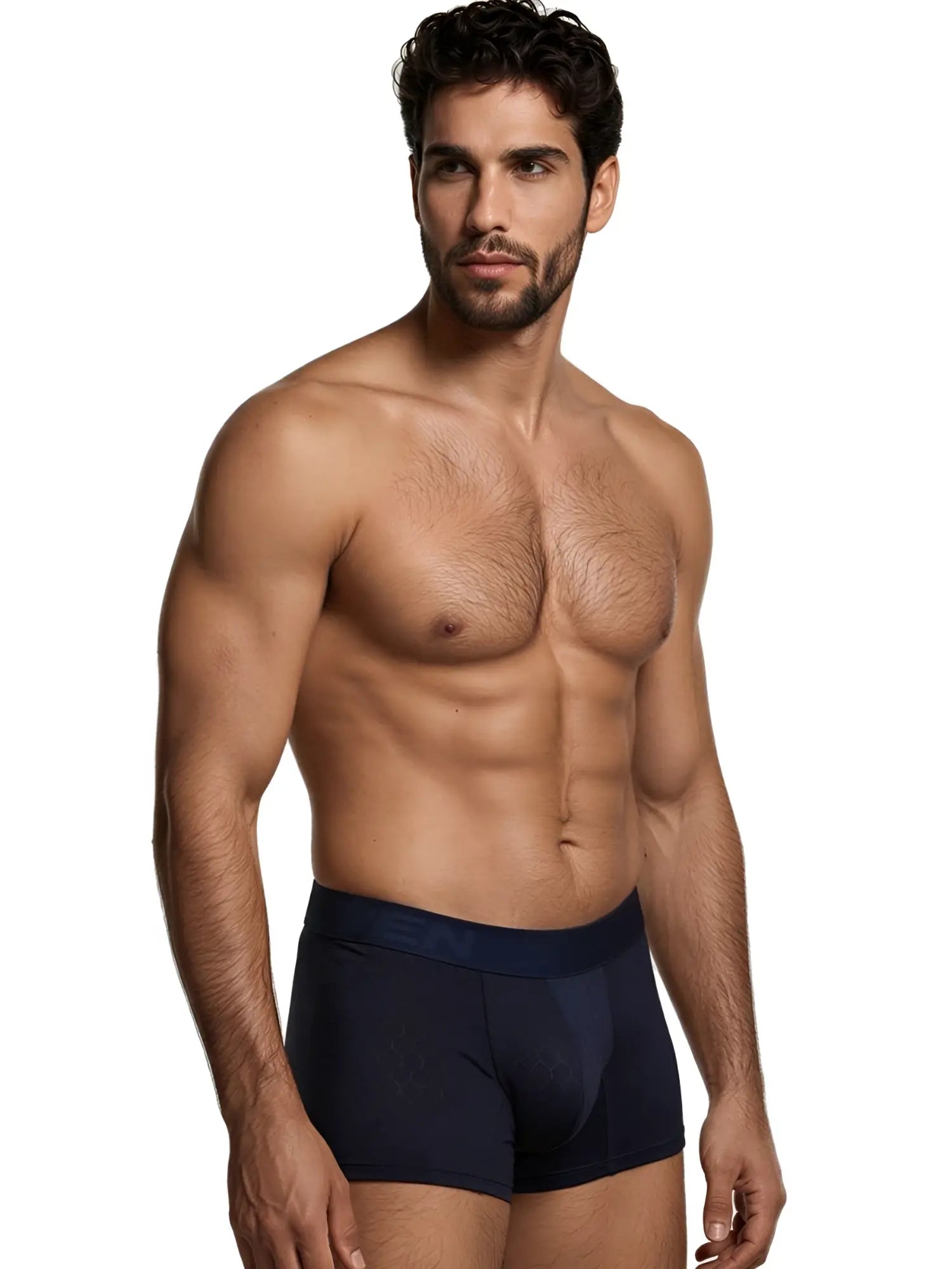 Navy blue microfiber boxer brief with a subtle hexagonal pattern and an elastic logo waistband.
